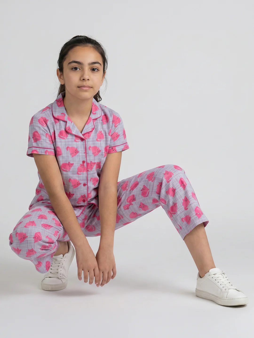 Girls Pink Printed Revere Collar Half Sleeve Cords Set - Image 5