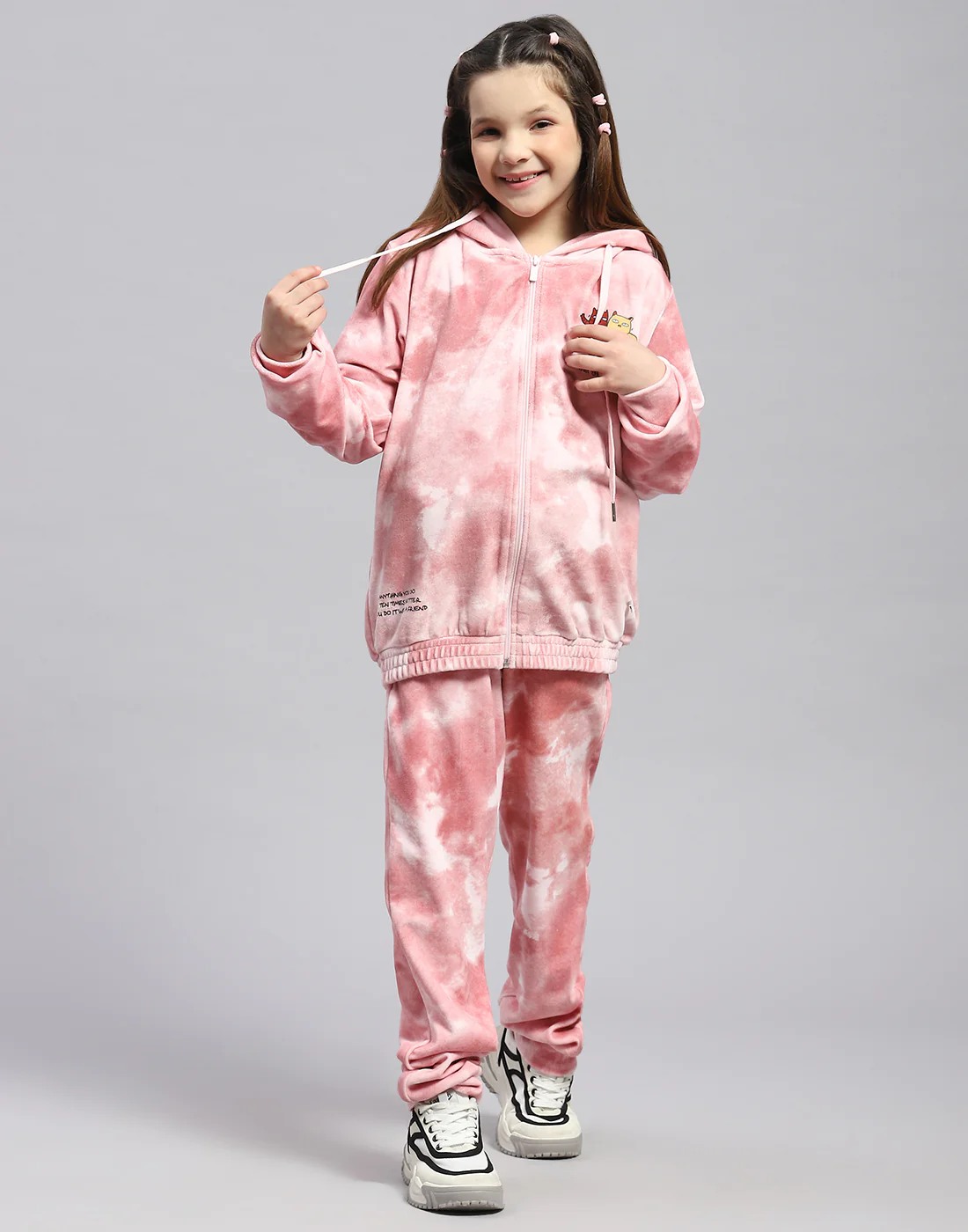 Girls Pink Printed Round Neck Full Sleeve Cords Set - Image 2