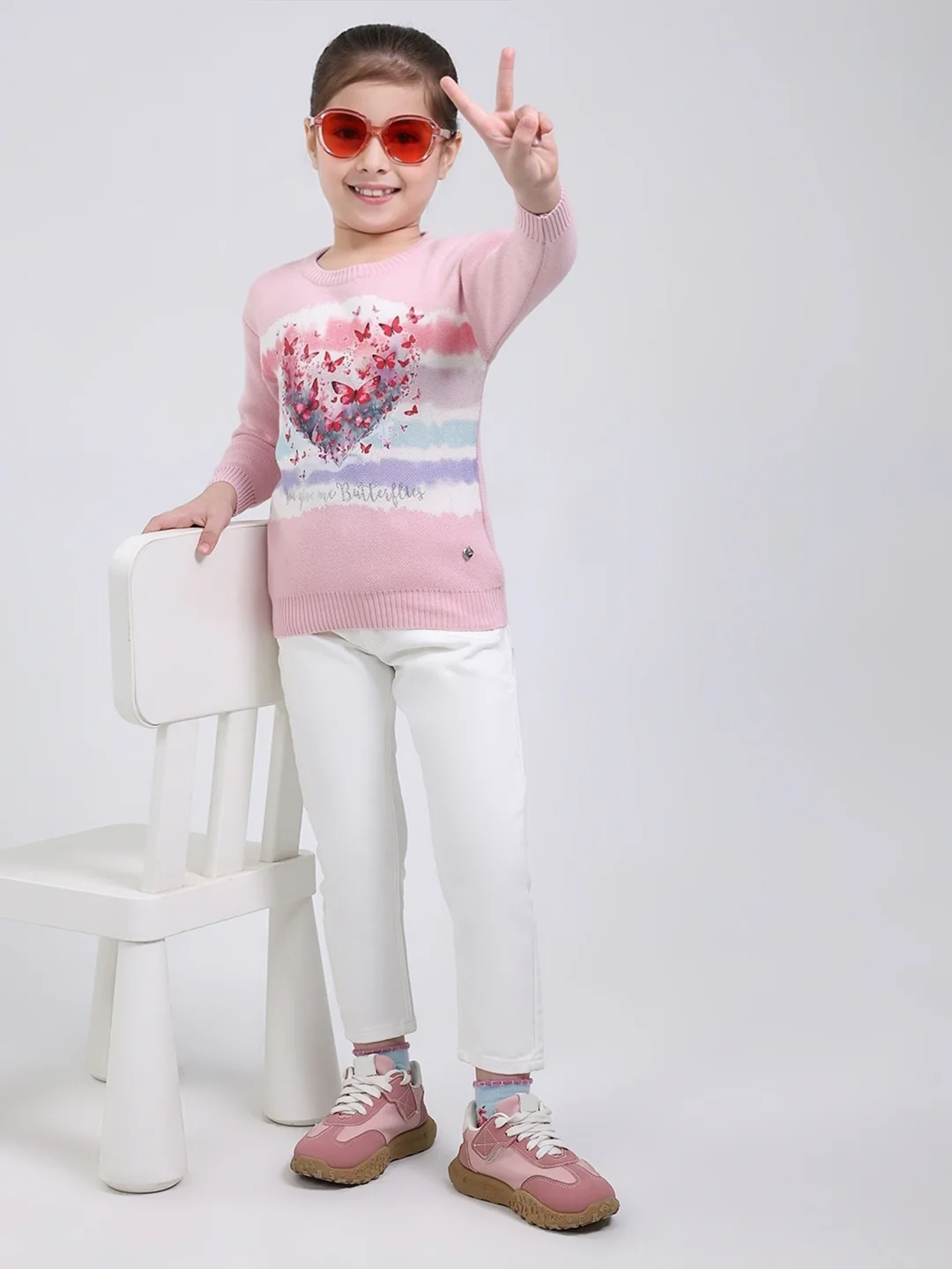 Girls Pink Printed Round Neck Full Sleeve Pullover - Image 2