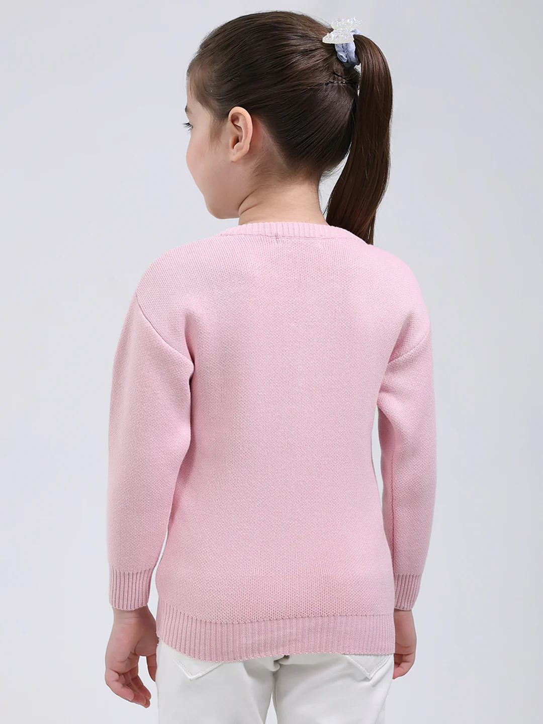 Girls Pink Printed Round Neck Full Sleeve Pullover - Image 5