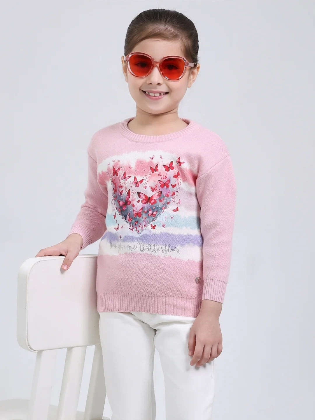 Girls Pink Printed Round Neck Full Sleeve Pullover - Image 6