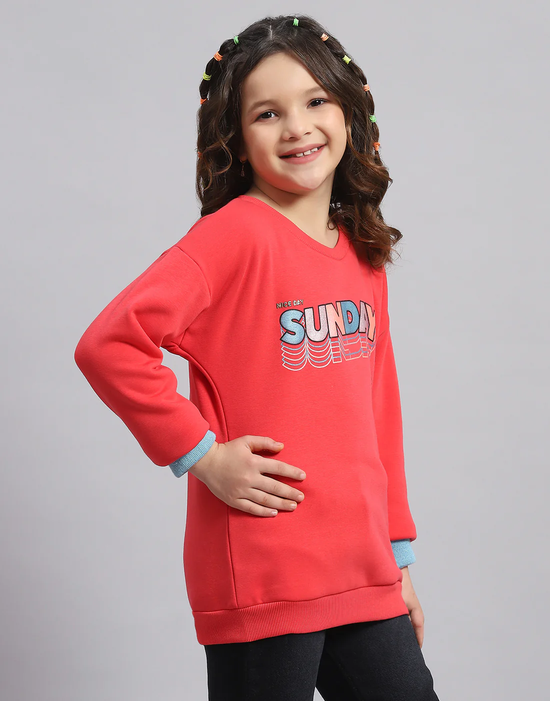 Girls Pink Printed Round Neck Full Sleeve Sweatshirt - Image 4