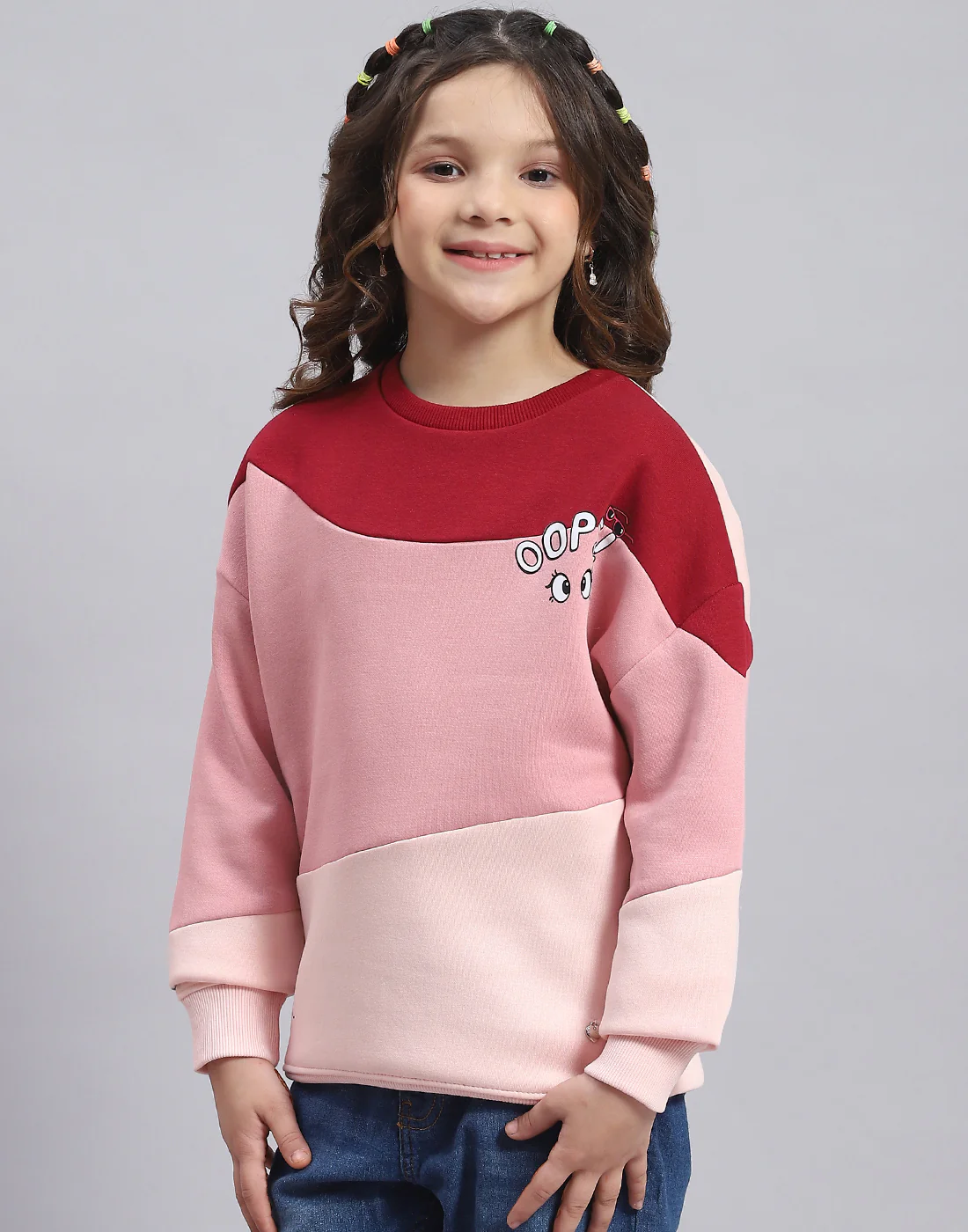 Girls Pink Printed Round Neck Full Sleeve Sweatshirt - Image 3