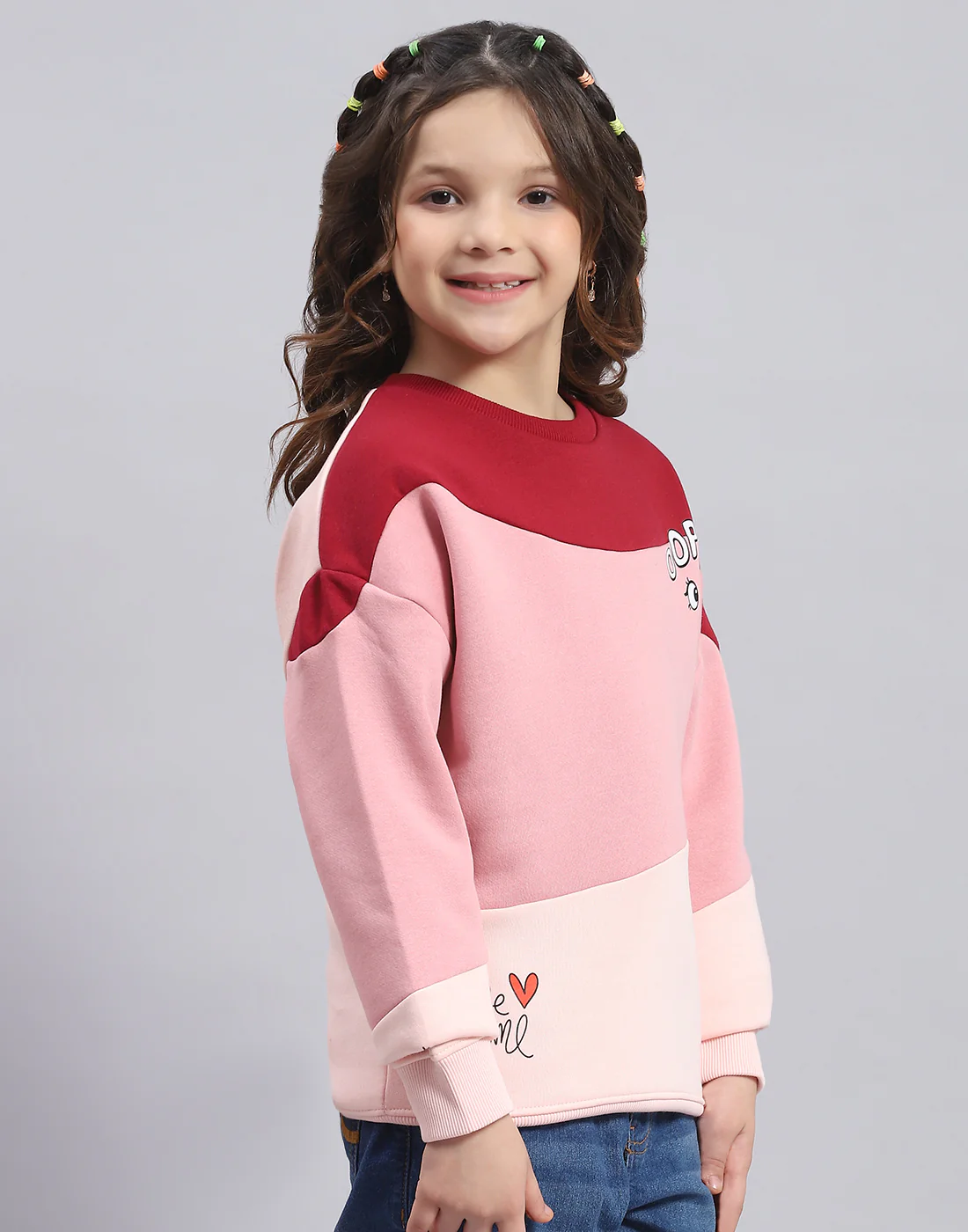 Girls Pink Printed Round Neck Full Sleeve Sweatshirt - Image 4