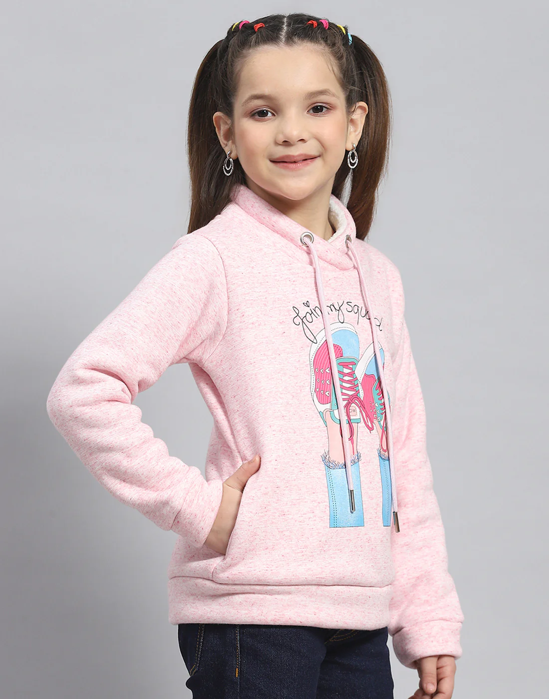 Girls Pink Printed Round Neck Full Sleeve Sweatshirt - Image 4
