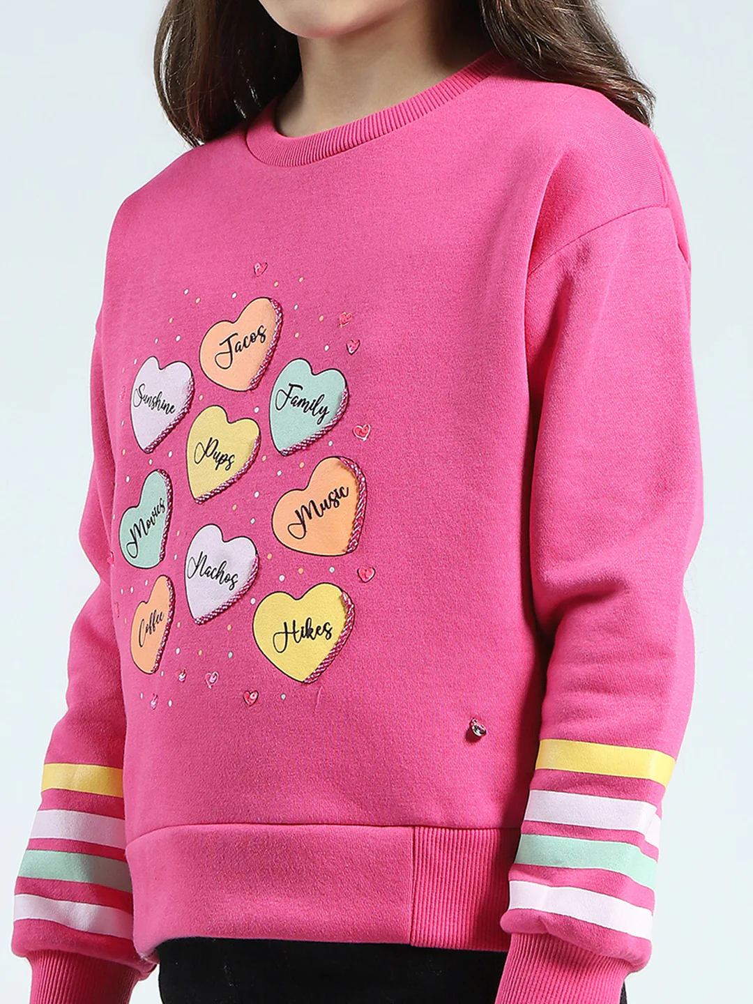 Girls Pink Printed Round Neck Full Sleeve Sweatshirt - Image 6