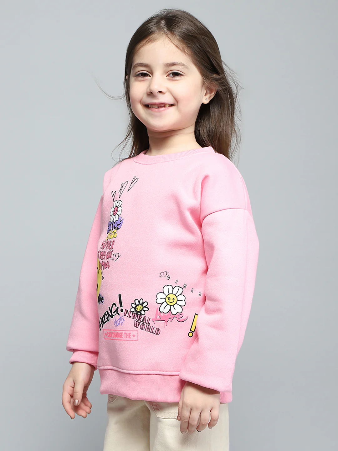 Girls Pink Printed Round Neck Full Sleeve Sweatshirt - Image 3