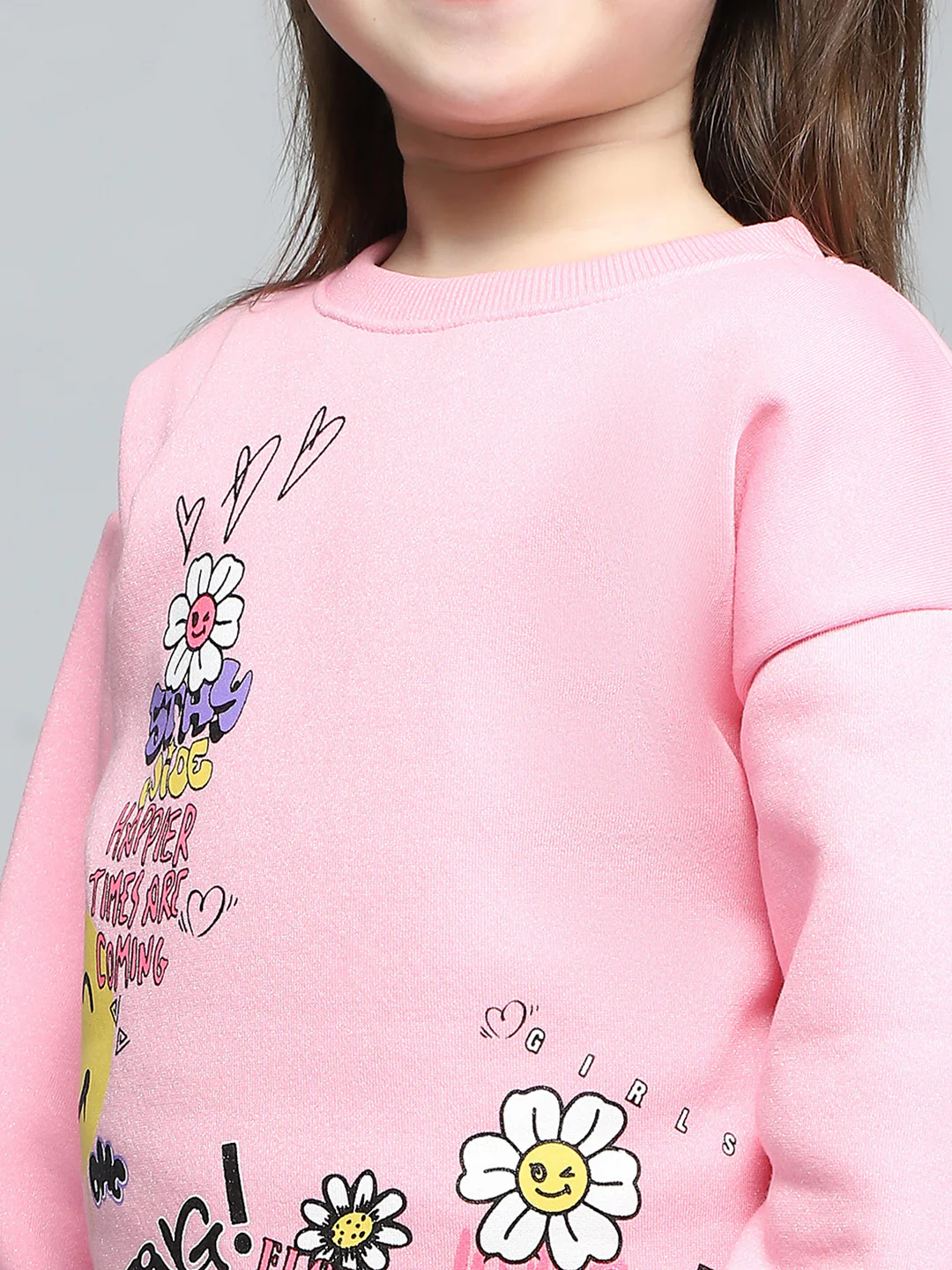 Girls Pink Printed Round Neck Full Sleeve Sweatshirt - Image 6