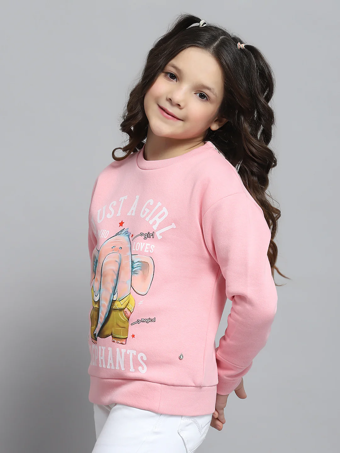 Girls Pink Printed Round Neck Full Sleeve Sweatshirt - Image 3