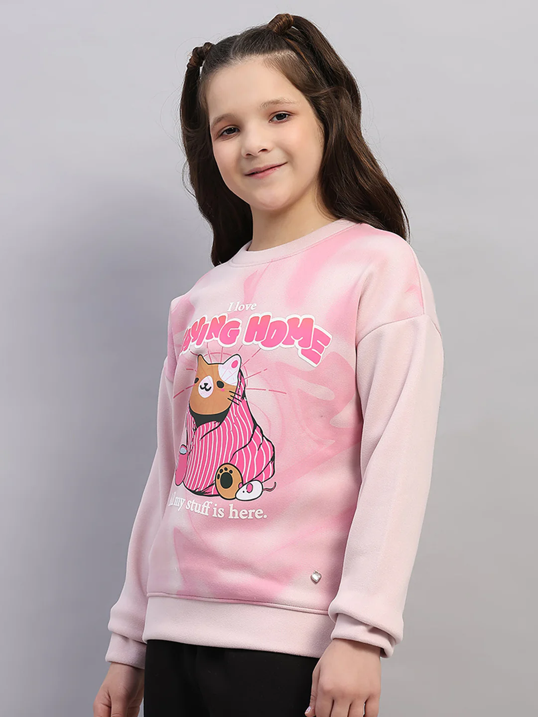 Girls Pink Printed Round Neck Full Sleeve Sweatshirt - Image 3