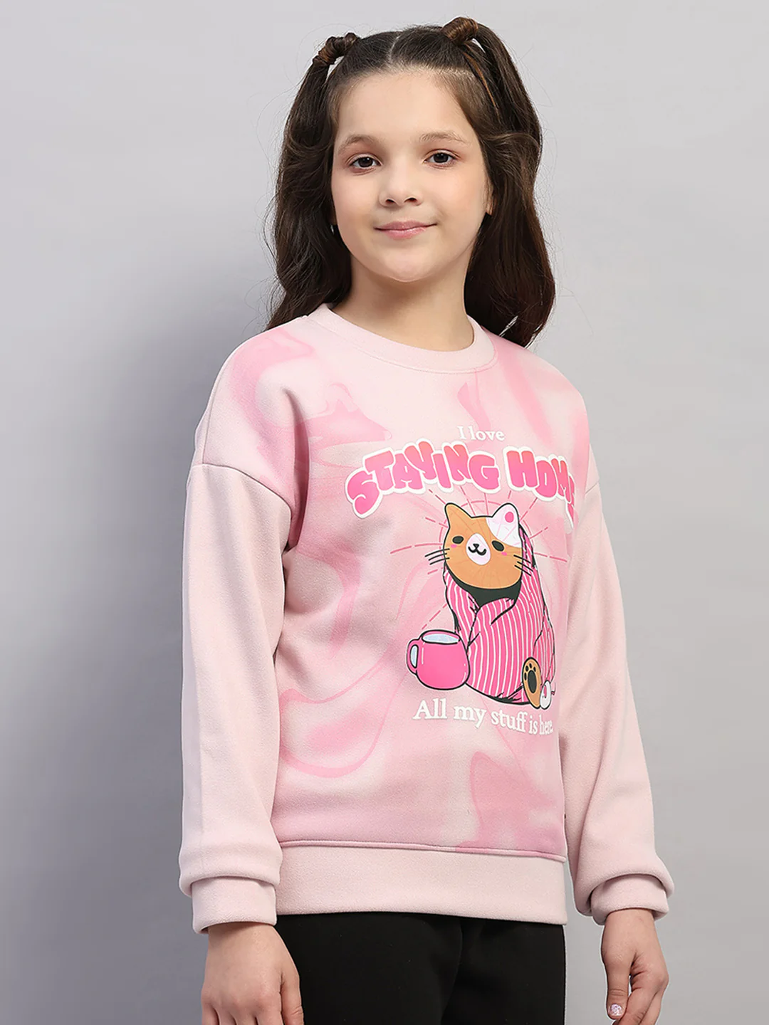 Girls Pink Printed Round Neck Full Sleeve Sweatshirt - Image 4