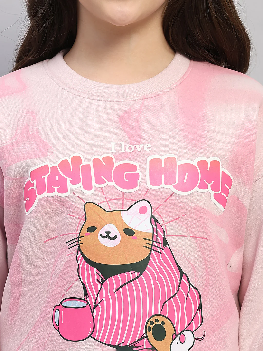 Girls Pink Printed Round Neck Full Sleeve Sweatshirt - Image 6