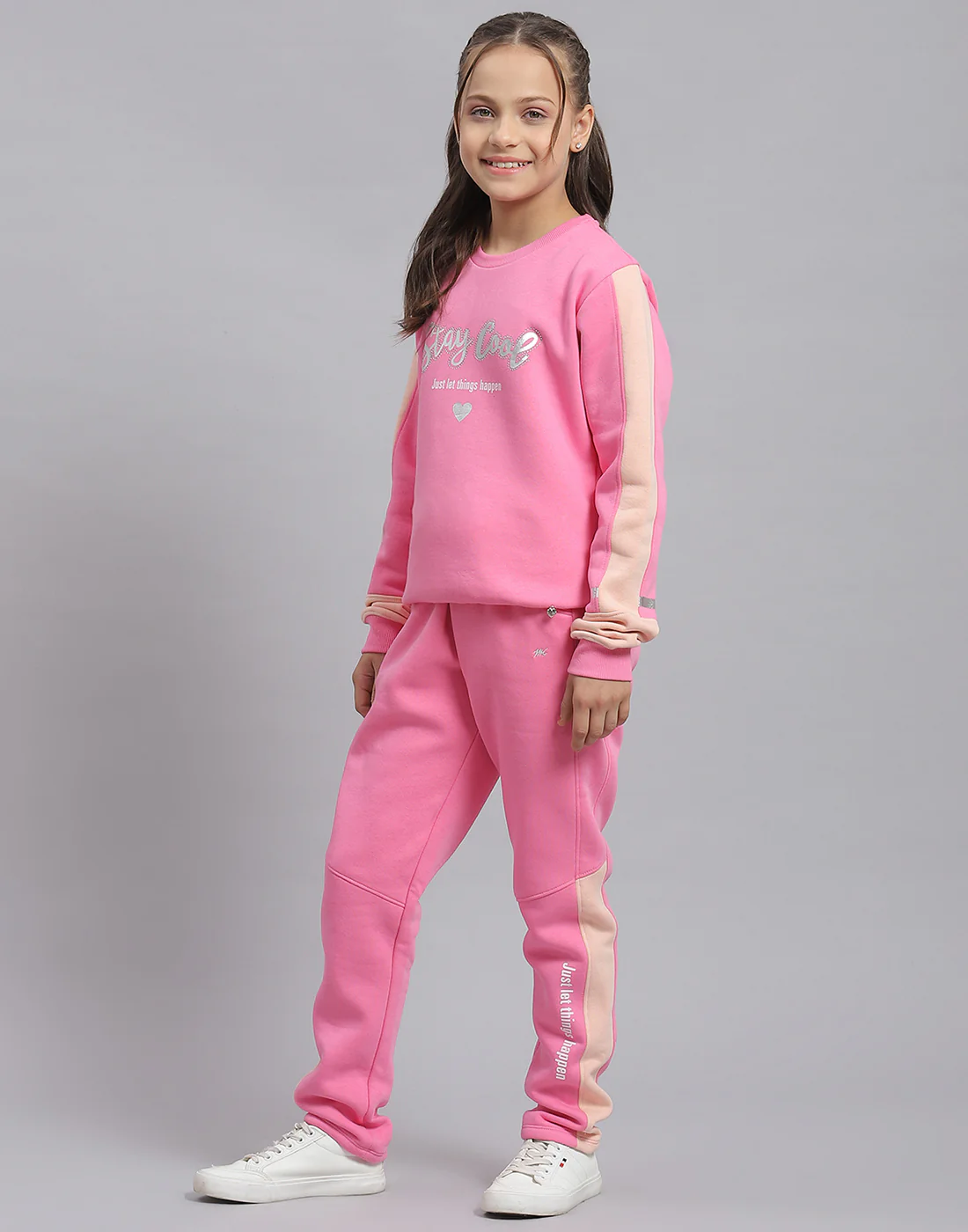 Girls Pink Printed Round Neck Full Sleeve Tracksuit - Image 3