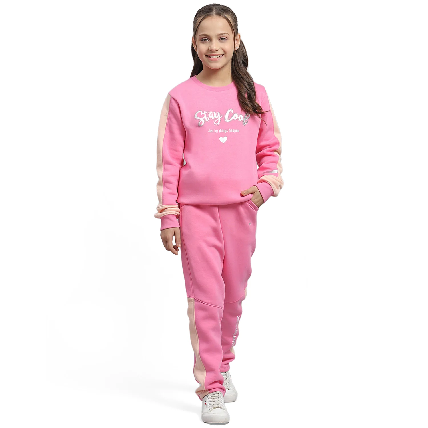 Girls Pink Printed Round Neck Full Sleeve Tracksuit - Image 5