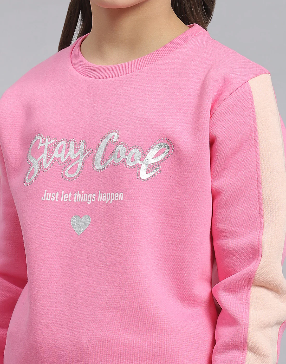 Girls Pink Printed Round Neck Full Sleeve Tracksuit - Image 8