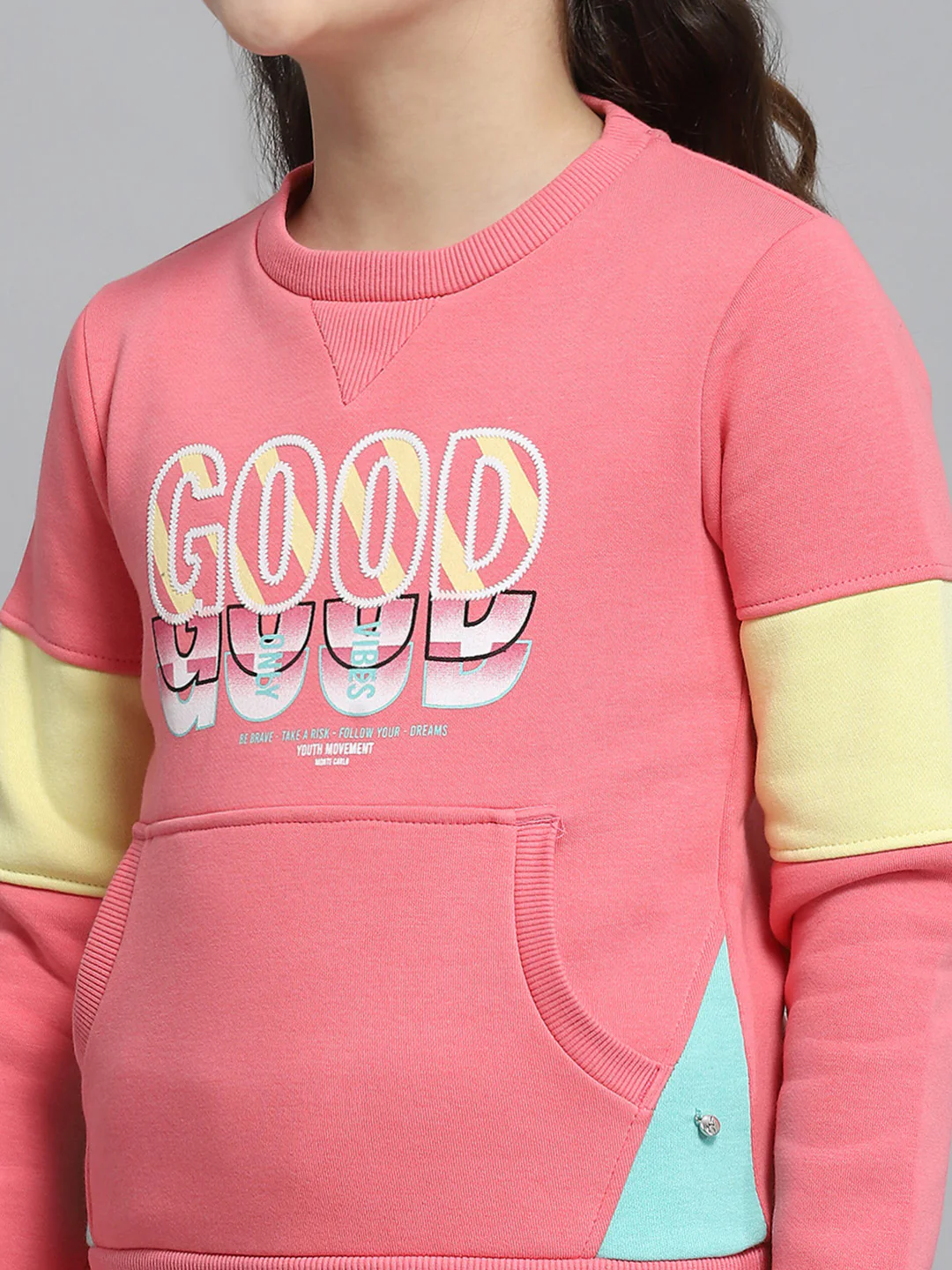 Girls Pink Printed Round Neck Full Sleeve Tracksuit - Image 7