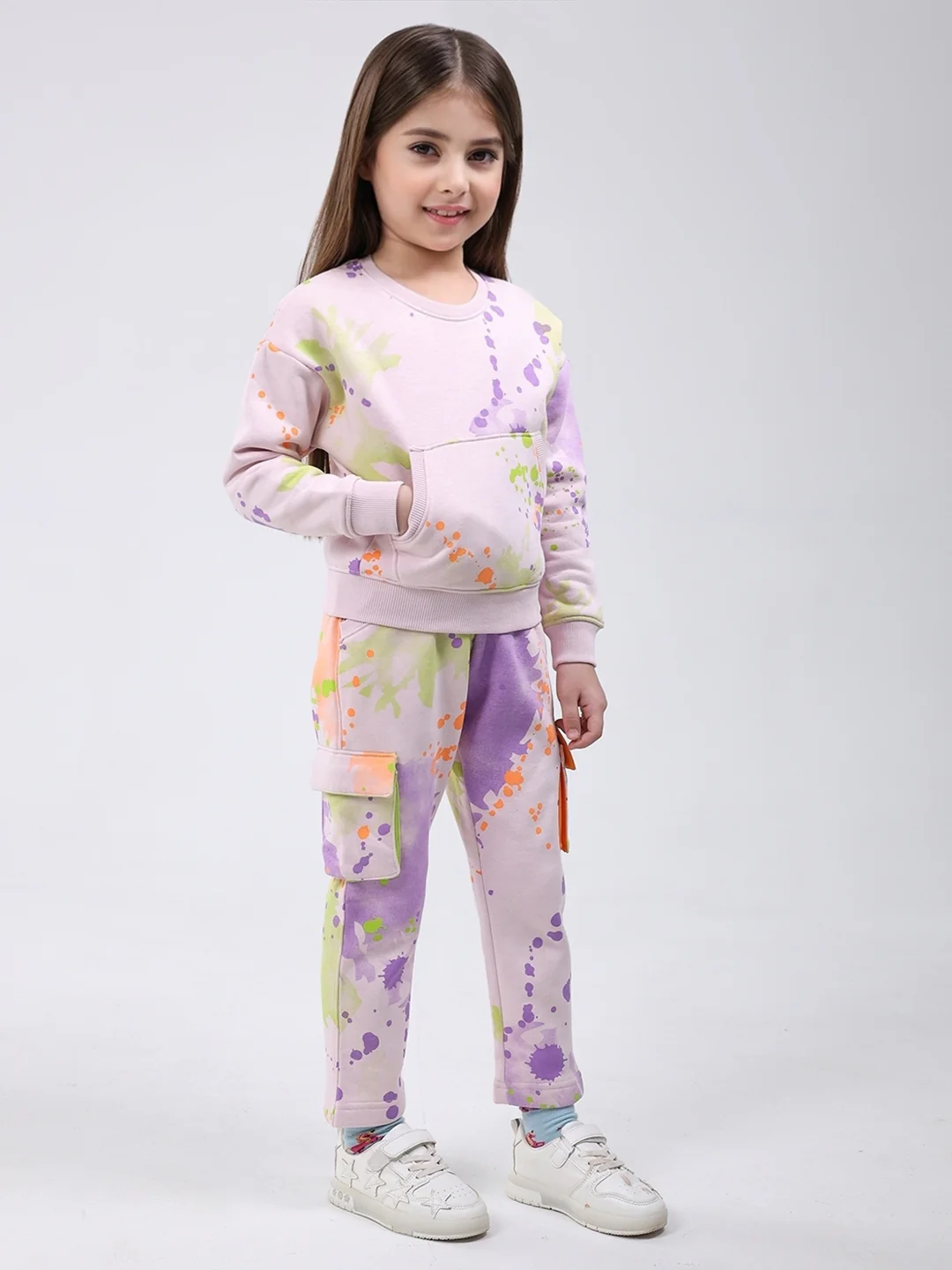 Girls Pink Printed Round Neck Full Sleeve Tracksuit - Image 4