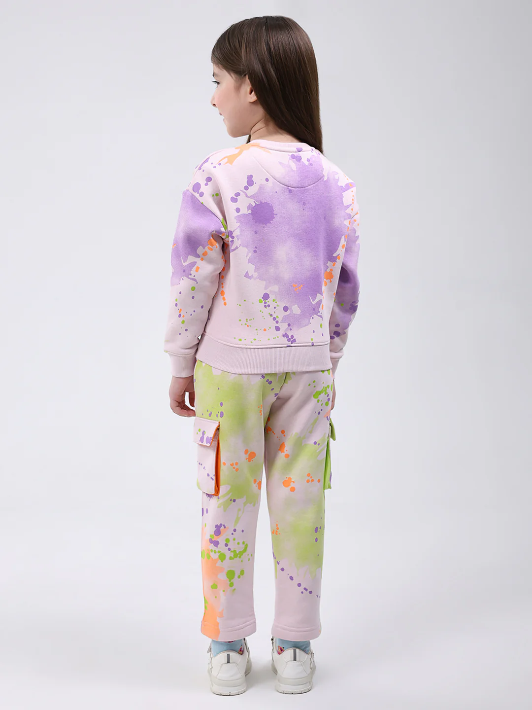 Girls Pink Printed Round Neck Full Sleeve Tracksuit - Image 5
