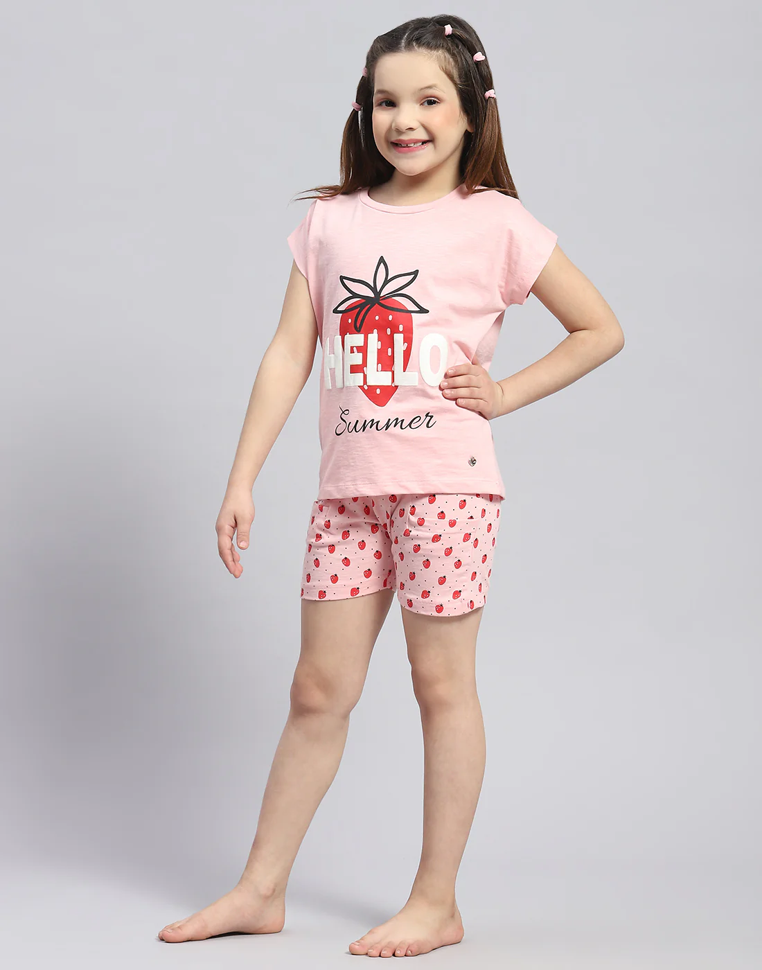Girls Pink Printed Round Neck Half Sleeve Shorts Set - Image 3