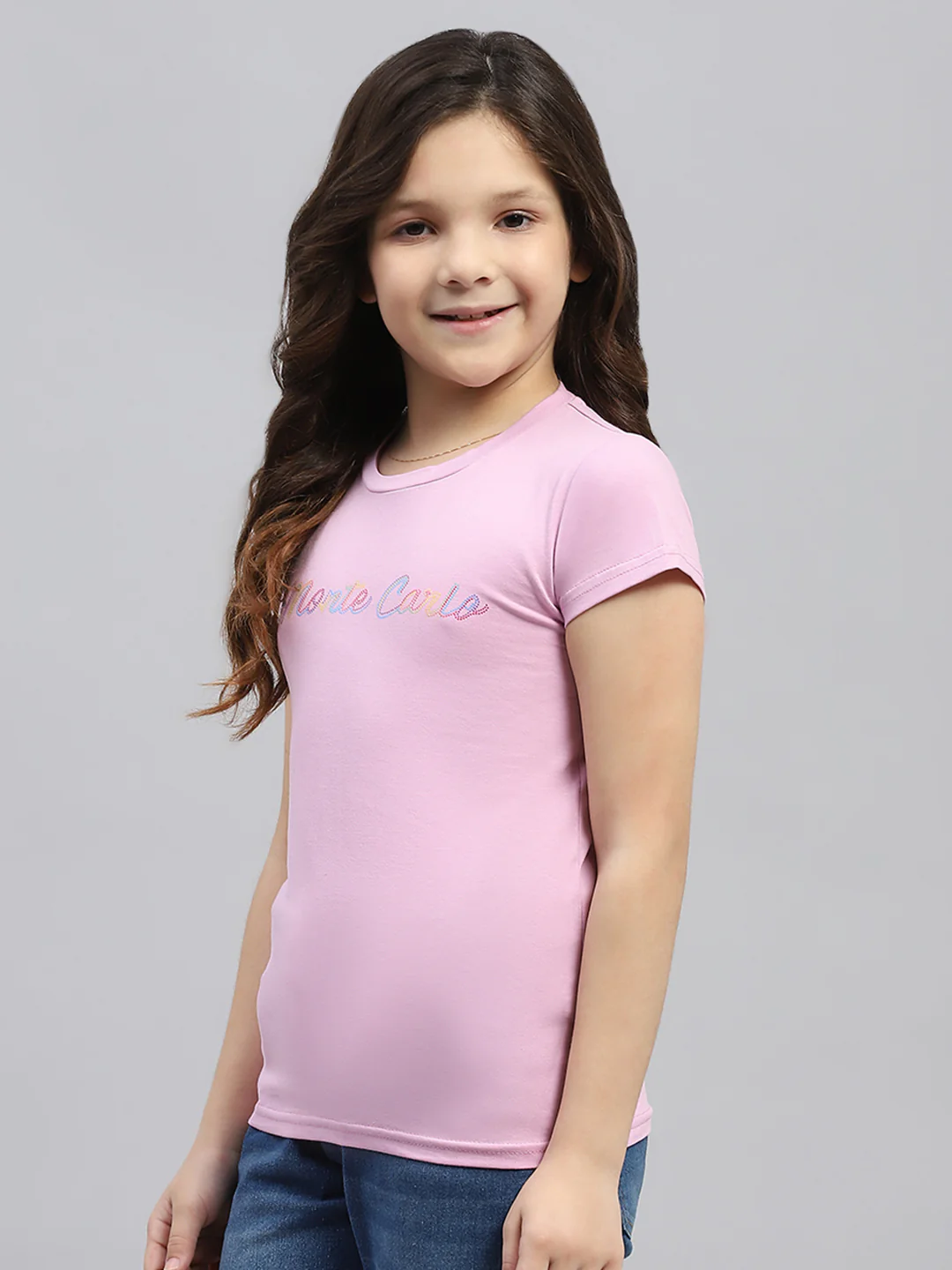 Girls Pink Printed Round Neck Half Sleeve Top - Image 3