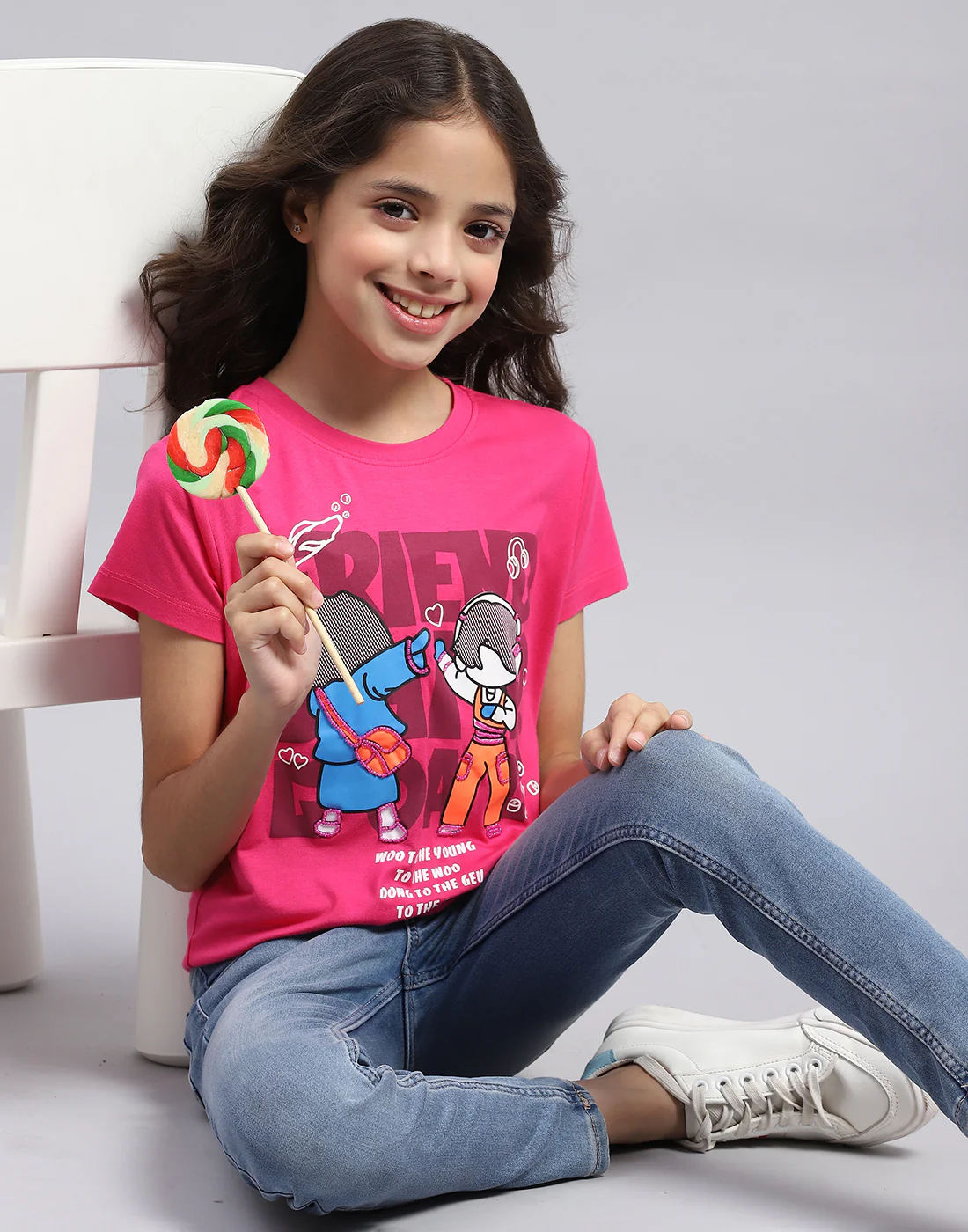 Girls Pink Printed Round Neck Half Sleeve Top - Image 6