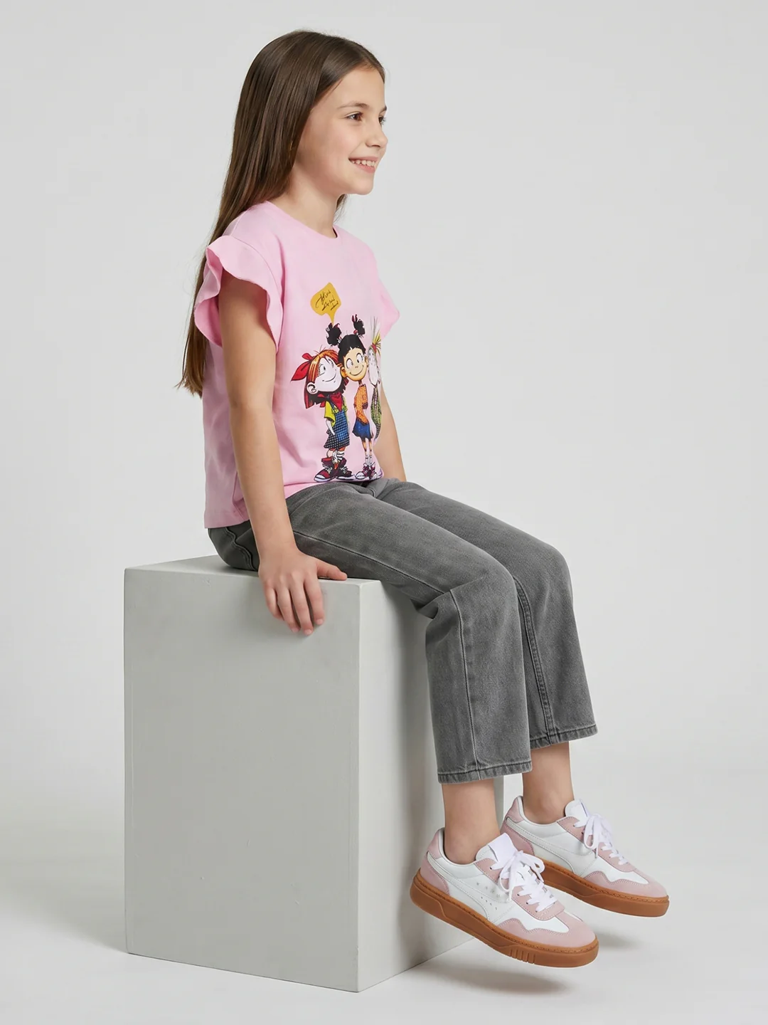 Girls Pink Printed Round Neck Half Sleeve Top - Image 5