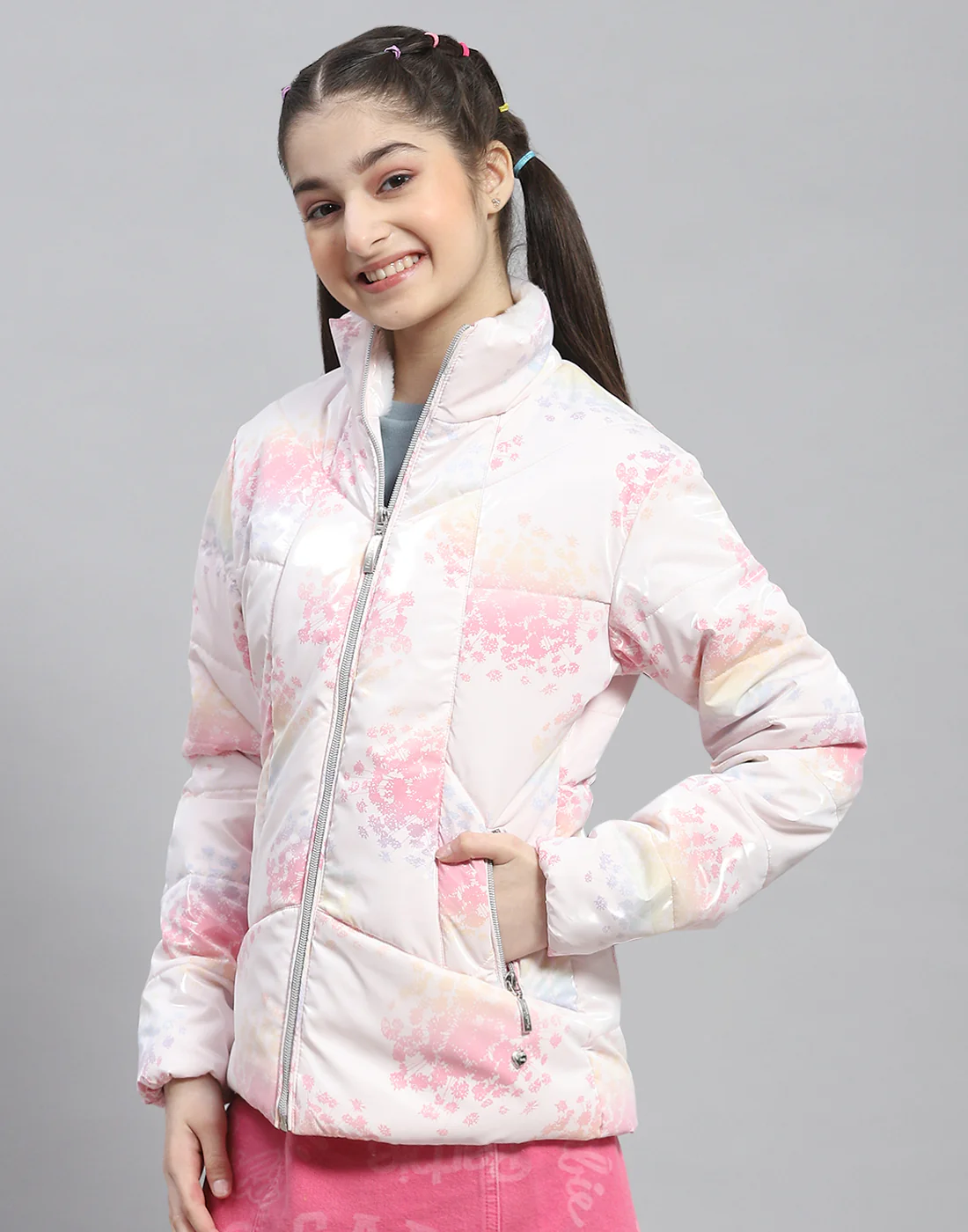 Girls Pink Printed Stand Collar Full Sleeve Girls Jacket - Image 3