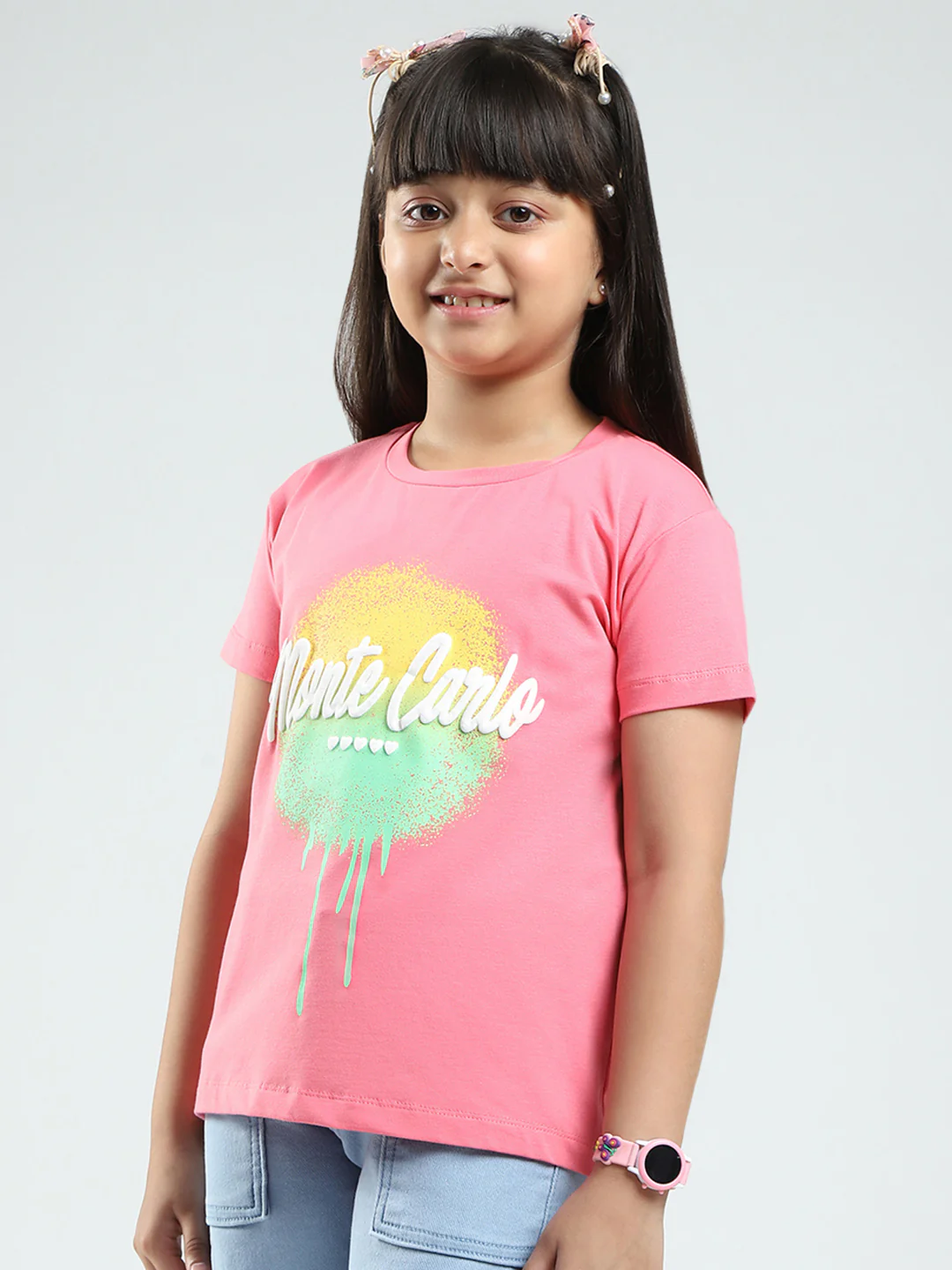 Girls Pink Printed Round Neck Half Sleeve Top - Image 3