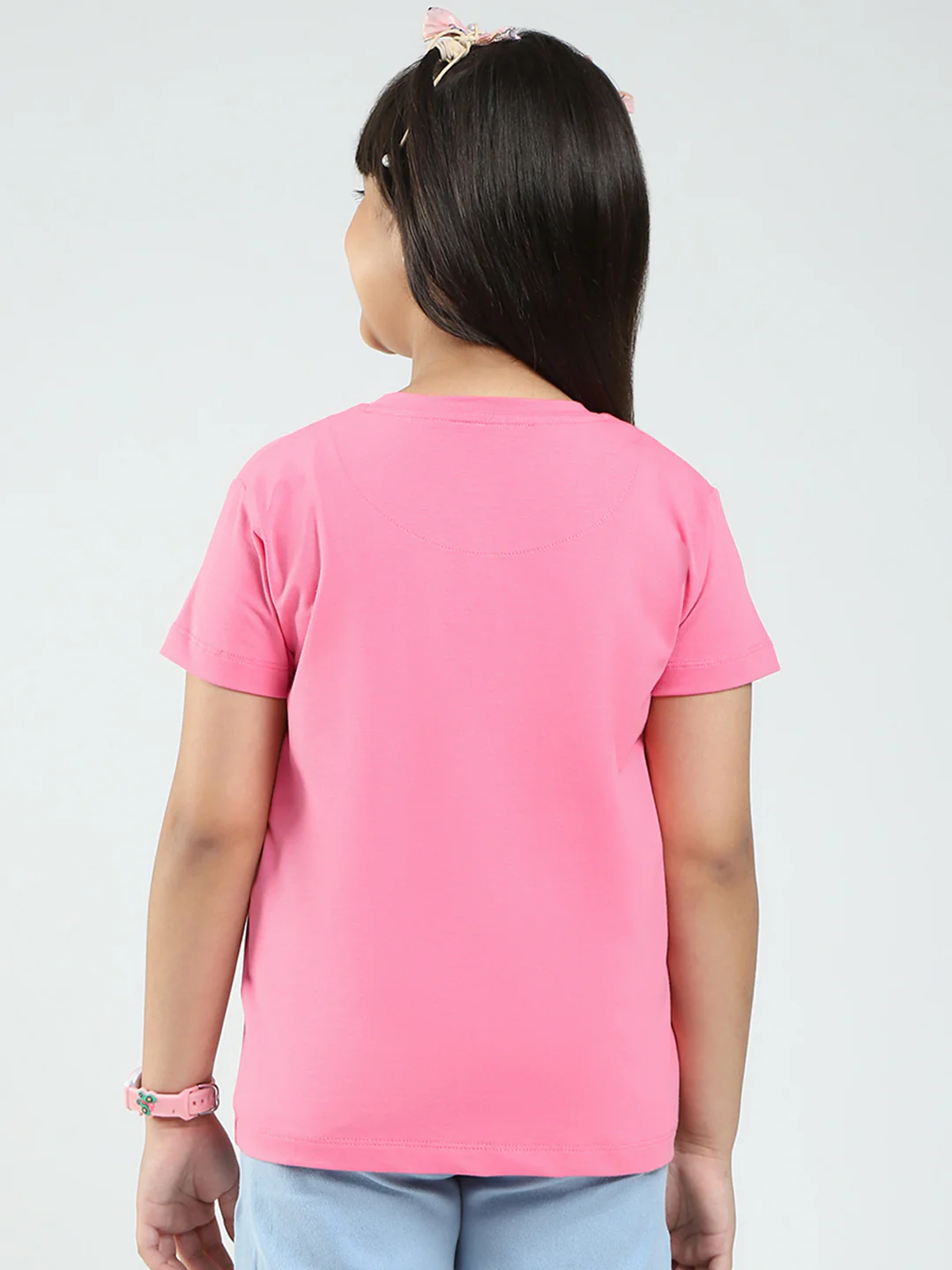 Girls Pink Printed Round Neck Half Sleeve Top - Image 5