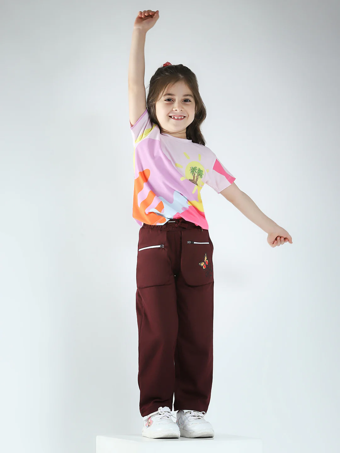 Girls Pink Printed Round Neck Half Sleeve Top - Image 2