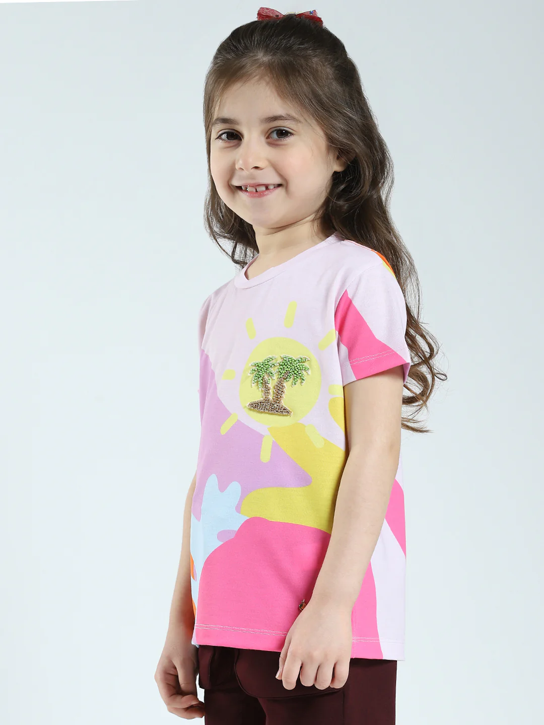 Girls Pink Printed Round Neck Half Sleeve Top - Image 3