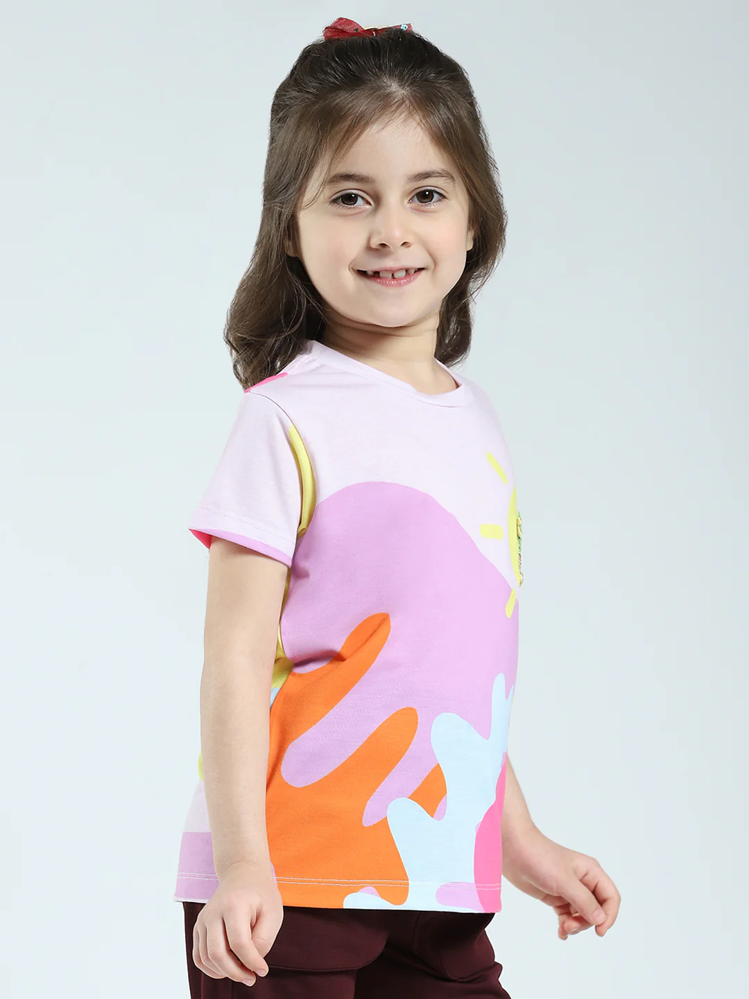 Girls Pink Printed Round Neck Half Sleeve Top - Image 4