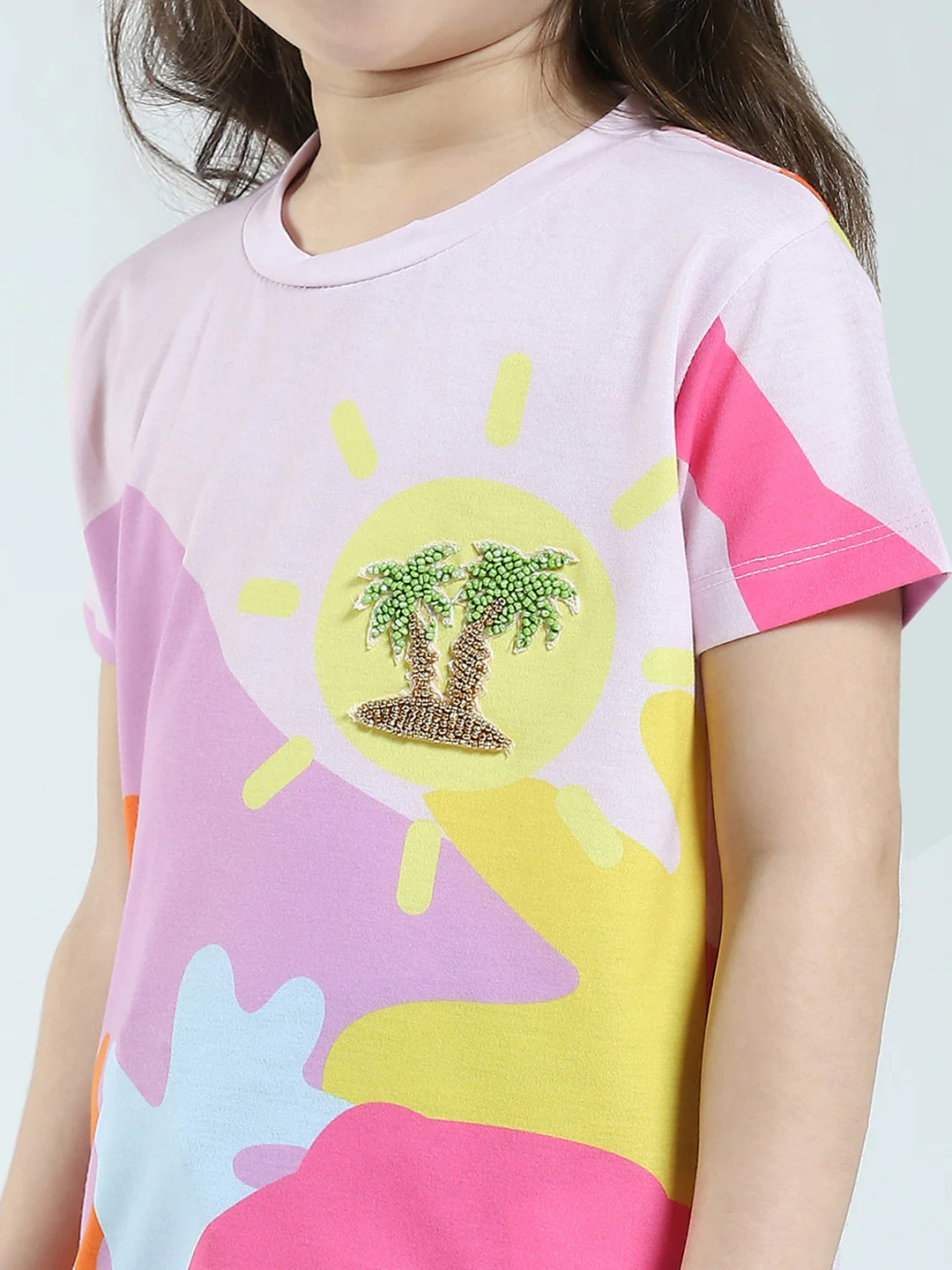 Girls Pink Printed Round Neck Half Sleeve Top - Image 6