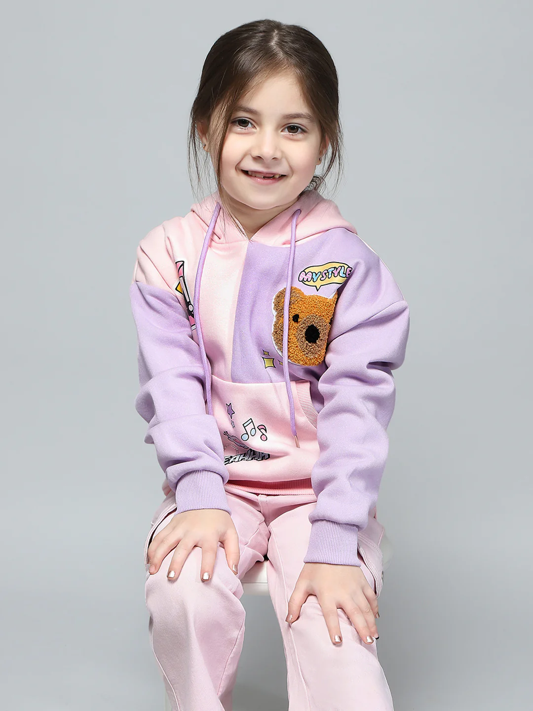 Girls Pink & Purple Printed Hooded Full Sleeve Sweatshirt - Image 6