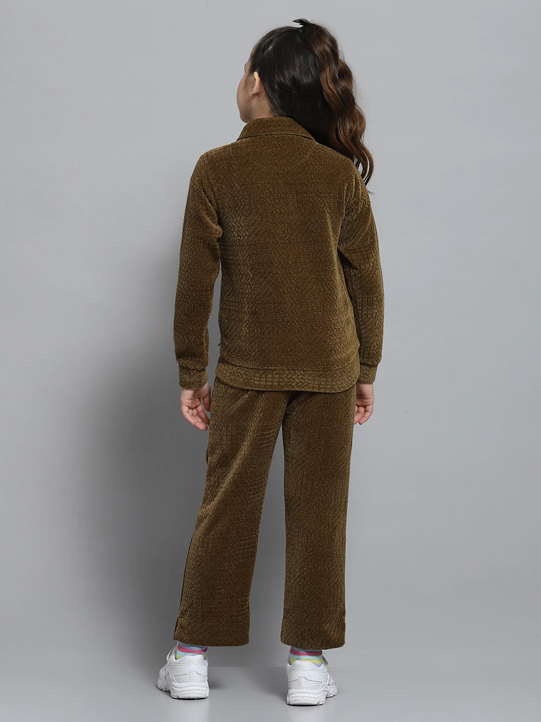 Girls Brown Self Design Collar Full Sleeve Cords Set - Image 5