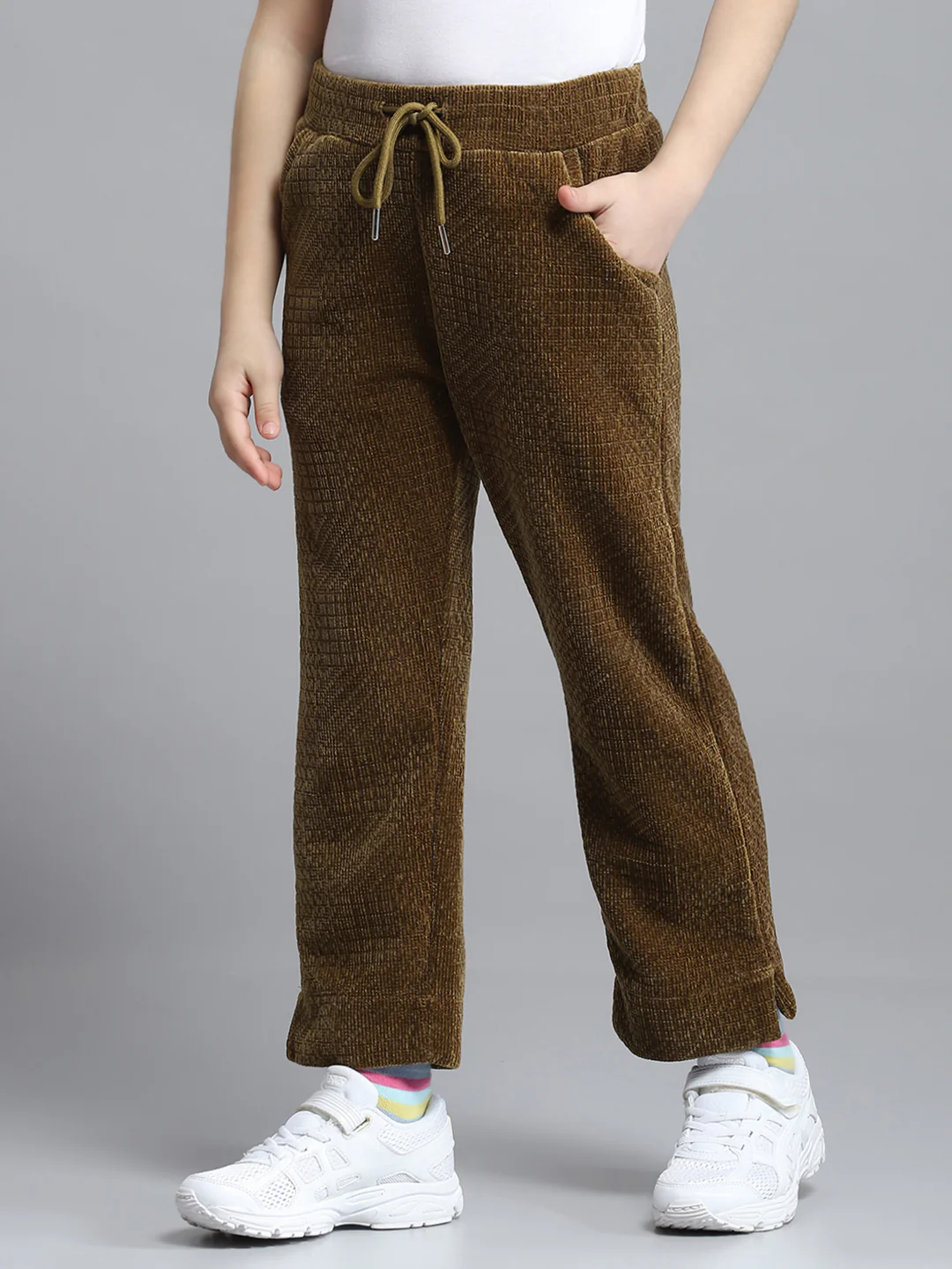 Girls Brown Self Design Collar Full Sleeve Cords Set - Image 7