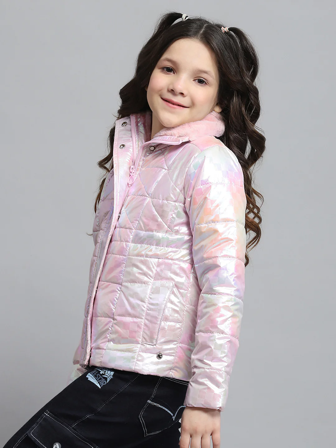 Girls Pink Self Design Collar Full Sleeve Jacket - Image 3