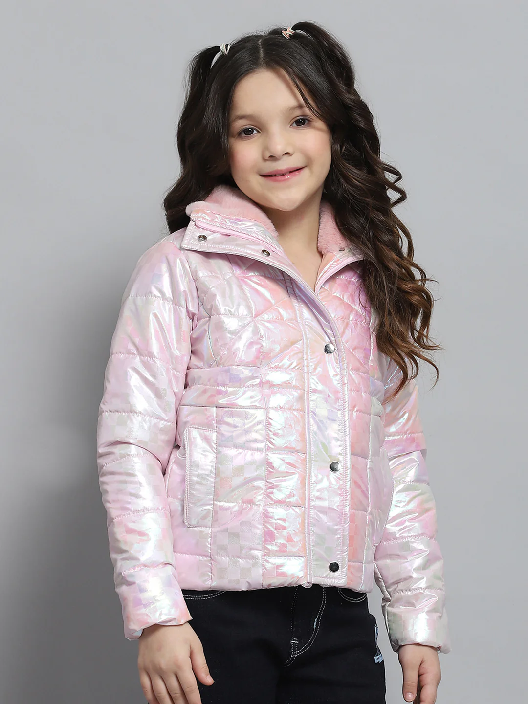 Girls Pink Self Design Collar Full Sleeve Jacket - Image 4