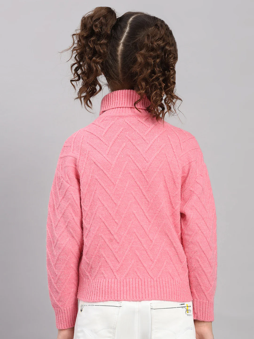 Girls Pink Self Design High Neck Full Sleeve Pullover - Image 5