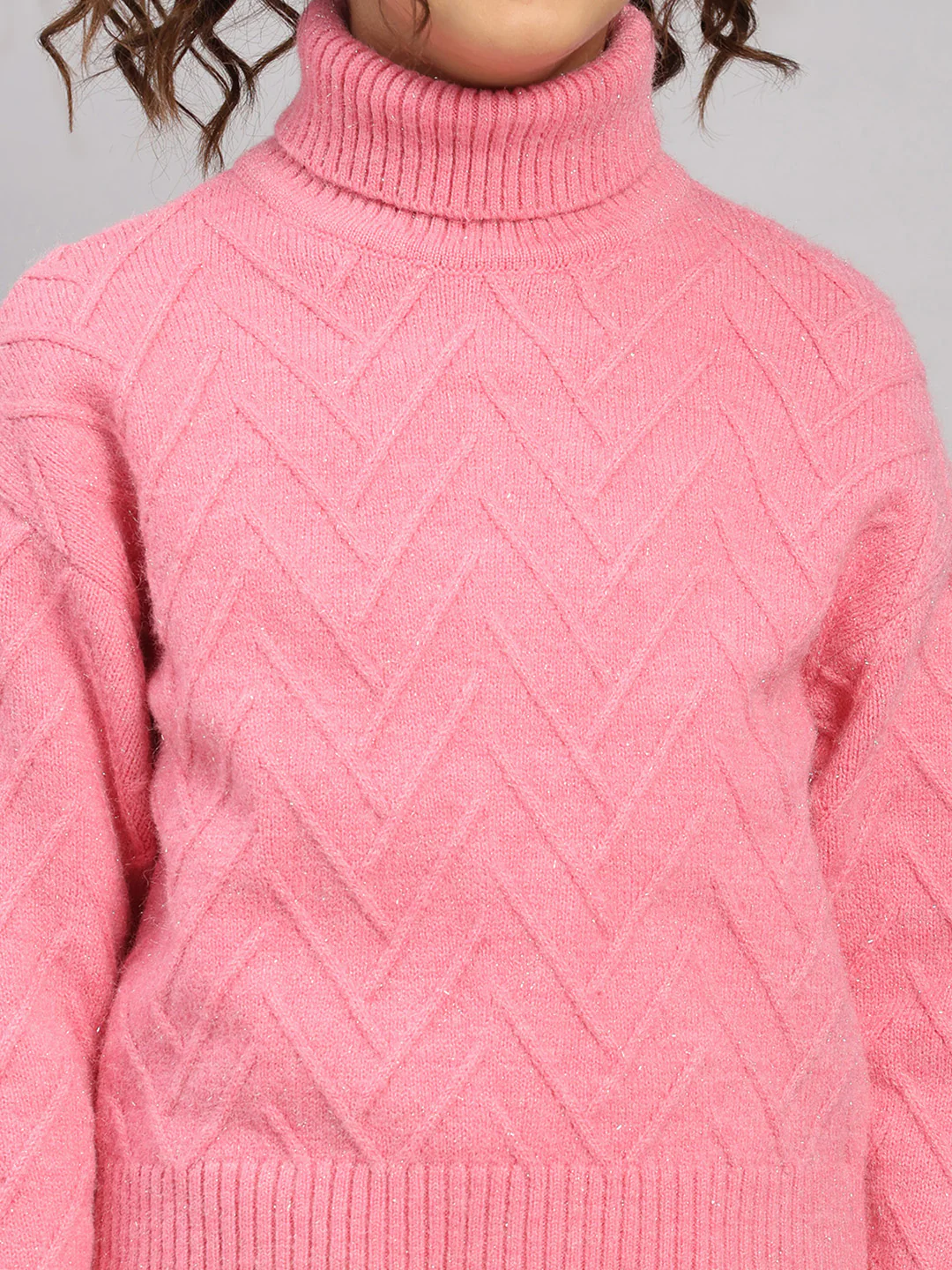 Girls Pink Self Design High Neck Full Sleeve Pullover - Image 6