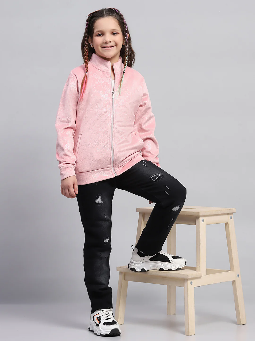 Girls Pink Self Design Mock Neck Full Sleeve Sweatshirt - Image 2
