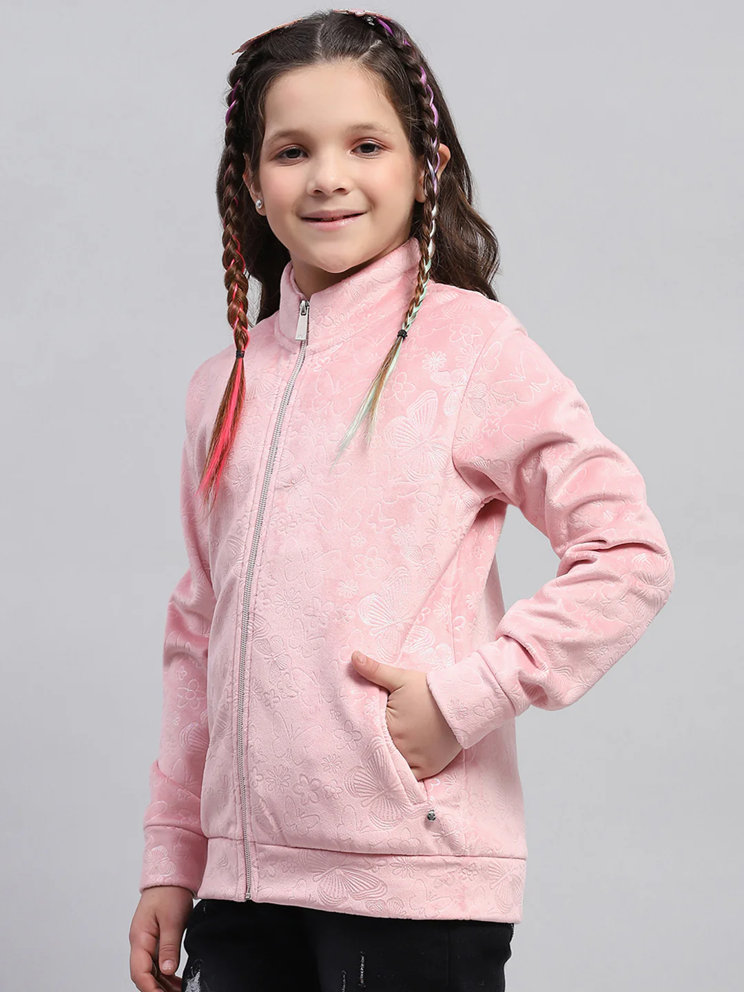 Girls Pink Self Design Mock Neck Full Sleeve Sweatshirt - Image 3