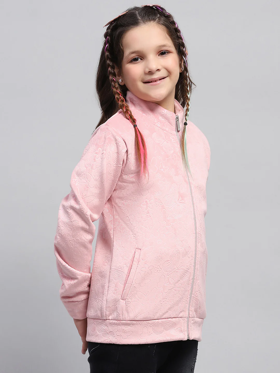 Girls Pink Self Design Mock Neck Full Sleeve Sweatshirt - Image 4