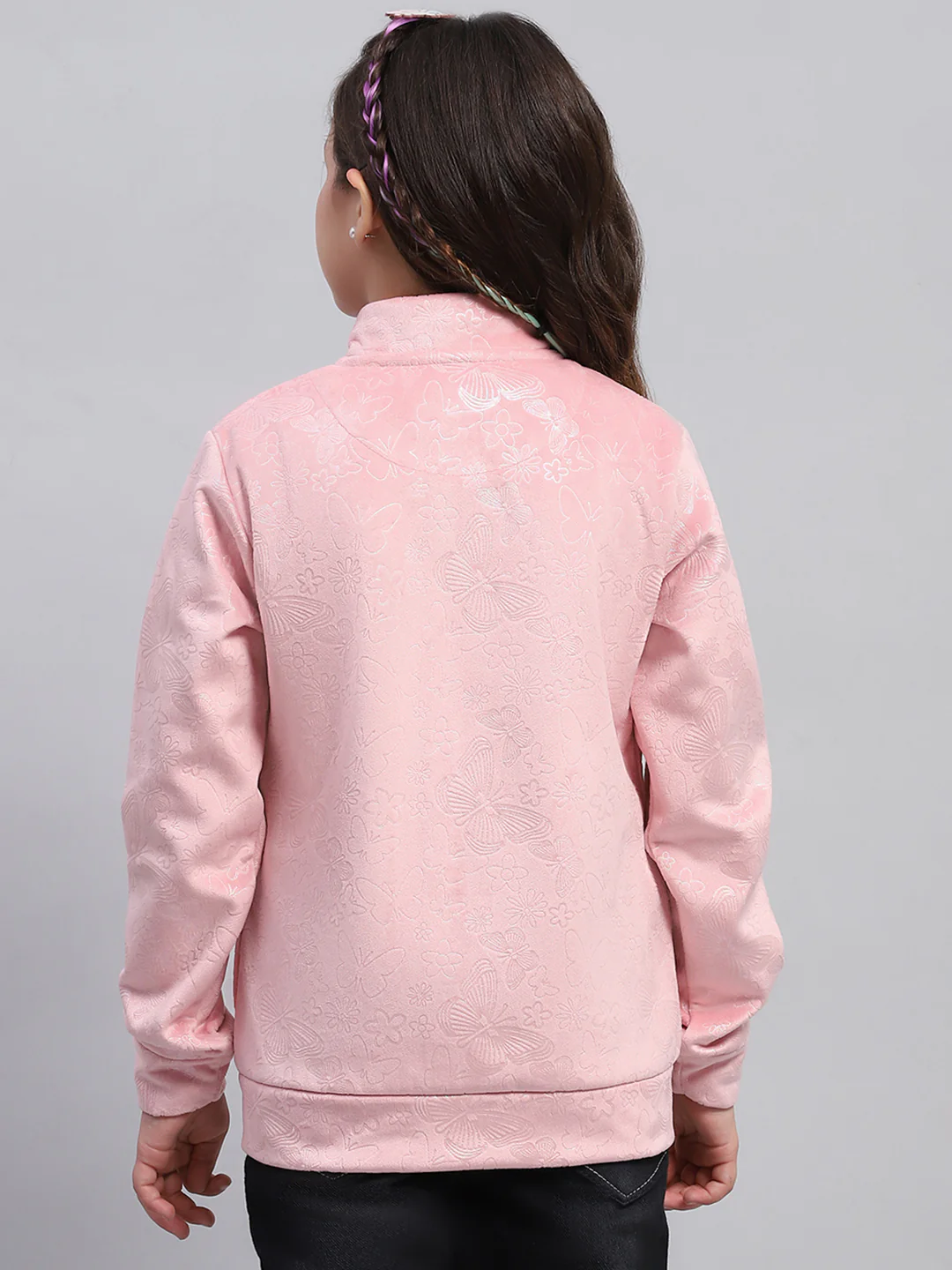 Girls Pink Self Design Mock Neck Full Sleeve Sweatshirt - Image 5