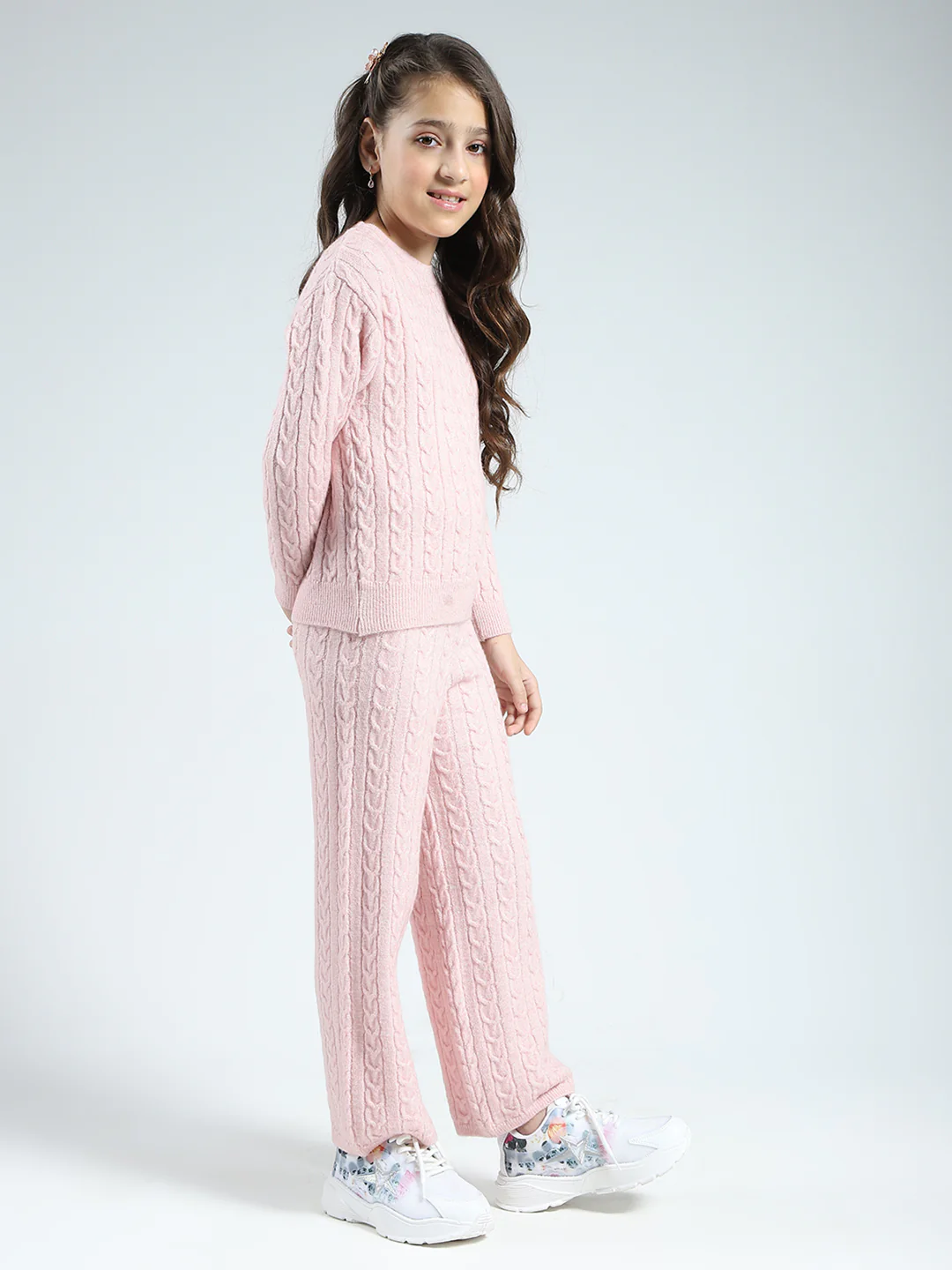 Girls Pink Self Design Round Neck Full Sleeve Cords Set - Image 4
