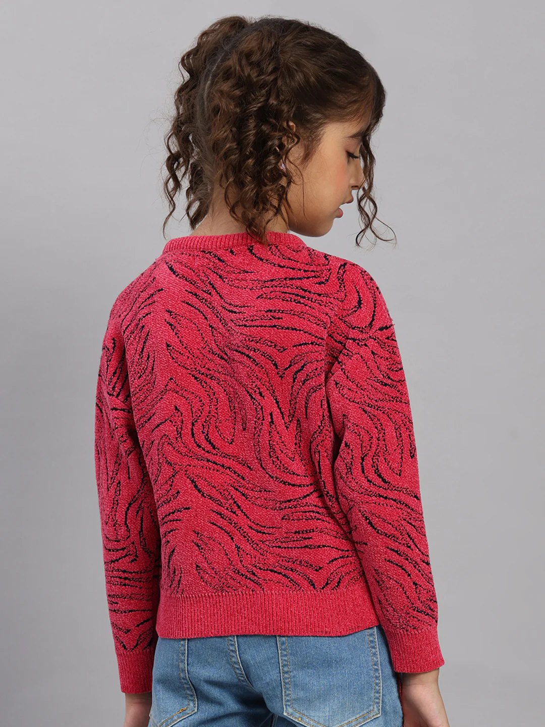 Girls Pink Self Design Round Neck Full Sleeve Pullover - Image 5