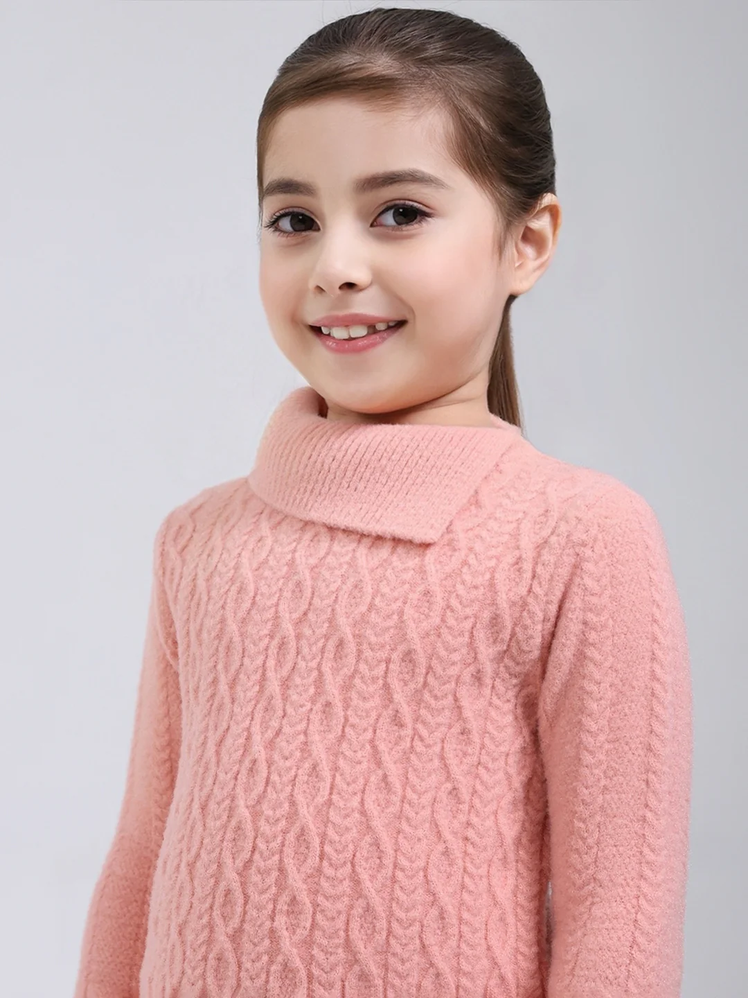 Girls Pink Self Design Round Neck Full Sleeve Pullover - Image 6