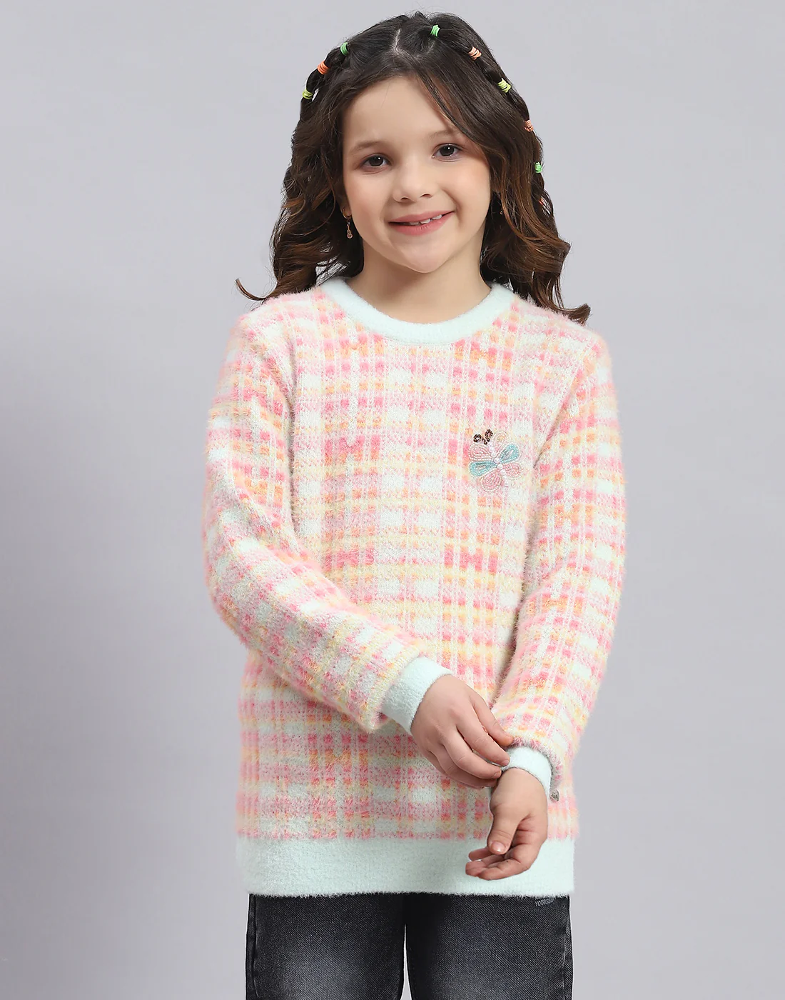 Girls Pink Self Design Round Neck Full Sleeve Sweater - Image 3