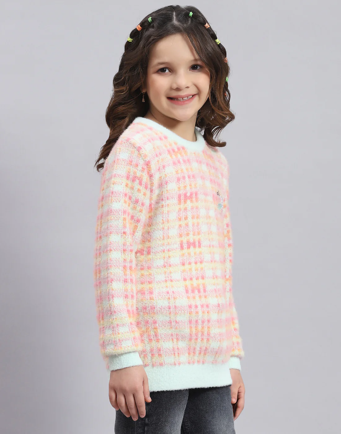 Girls Pink Self Design Round Neck Full Sleeve Sweater - Image 5