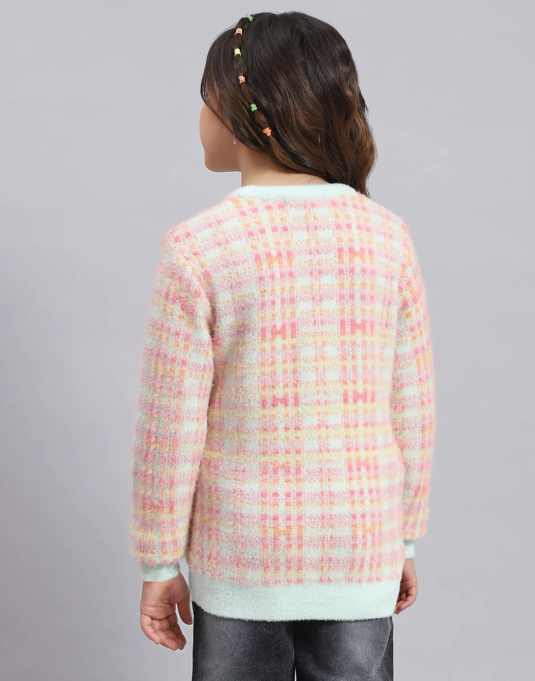 Girls Pink Self Design Round Neck Full Sleeve Sweater - Image 6